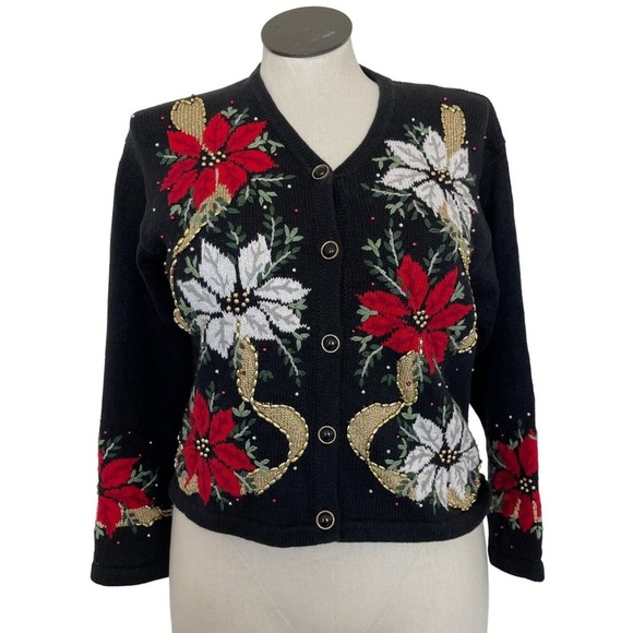 Design Options Cardigan Holiday Poinsettia Floral Black Beaded Size Large VTG - Picture 6 of 12